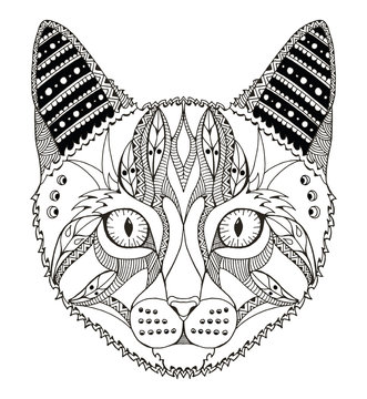 Cat head zentangle stylized, vector, illustration, pattern. Zen art. Ornate. Lace. Anti stress coloring books for kids and adults.