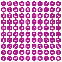 100 marine environment icons hexagon violet