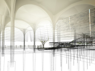 sketch design of interior hall, 3d rendering