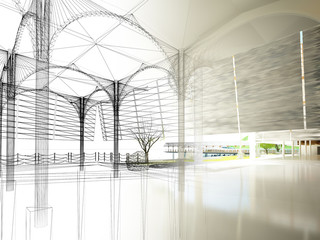 sketch design of interior hall, 3d rendering