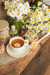 cup of herbal chamomile tea with camomile dry blossoms, dried camomile flowers. doctor treatment and prevention of immune concept, medicine - folk, alternative, complementary, traditional medicine 
