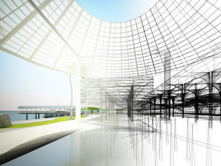 sketch design of interior hall, 3d rendering