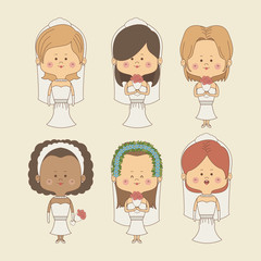 color background of set bride woman in wedding dress vector illustration