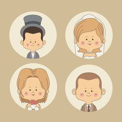 color background of set half body bride and groom in circular frame vector illustration