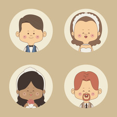 color background of set half body bride with short brown hair and other brunette and groom circular frame vector illustration