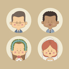 Obraz na płótnie Canvas color background of set half body bride and groom with glasses and other brunette in circular frame vector illustration