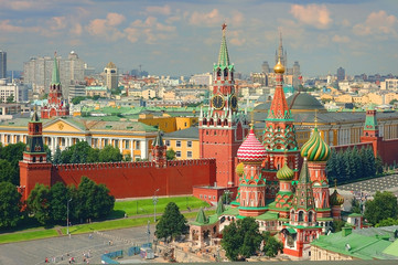View on Moscow Red Square, Kremlin towers, Clock Kuranti, Saint Basil's Cathedral church, Lenin...