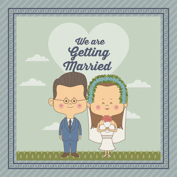 greeting card of scene sky landscape with decorative frame of just married couple bride with brown long hair and groom with glasses vector illustration