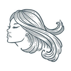 Woman potrait illustration. Pretty young woman face for beauty salon. Hand drawn sketch vector engraving. Isolated on white