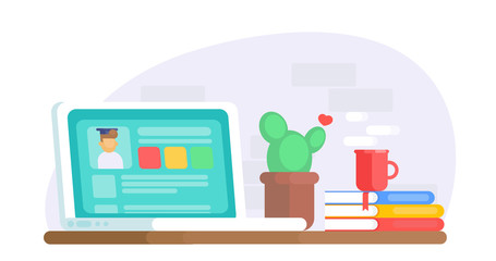 Online education banner. Computer desk with laptop, cactus, coffee, window user