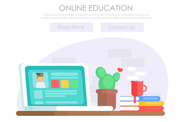 Online education banner. Computer desk with laptop, cactus, coffee, window user