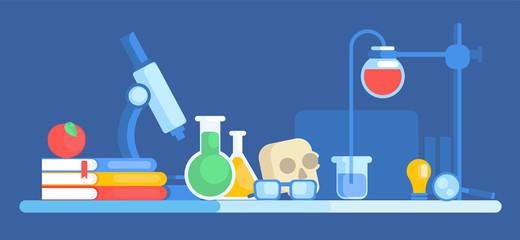 Science banner. Chemical laboratory, skull, books, apple, glasses, table