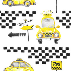Watercolor seamless pattern taxi cars with pointers and geometric texture. Colorful traveling...