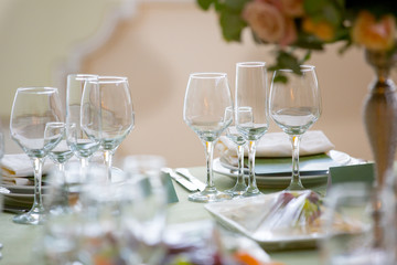 glasses for vine. Table set for an event party or wedding reception,