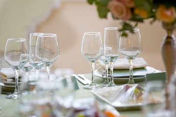 glasses for vine. Table set for an event party or wedding reception,