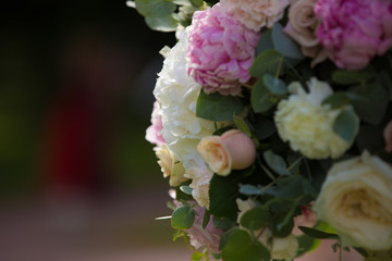 Wedding flowers bouqete of white and color . green background