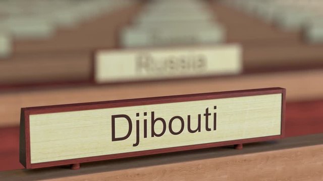 Djibouti name sign among different countries plaques at international organization. 3D rendering