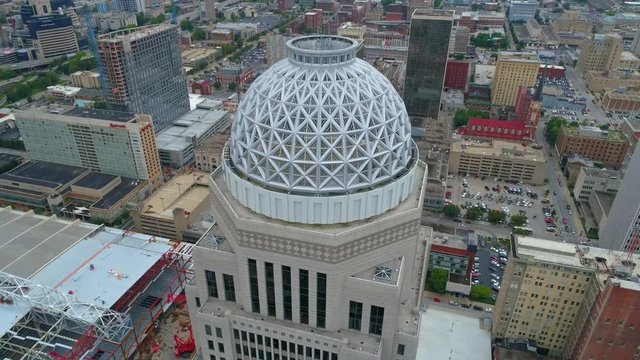 Aerial drone video Mercer Building top Downtown Louisville KY