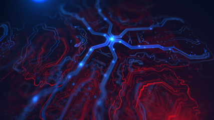 Blue neon Energy lights. Technology Terminal Background. Digital red blue backdrop. Printed circuit board. Technology  wallpaper. 3D illustration. Circuit board futuristic server code processing.