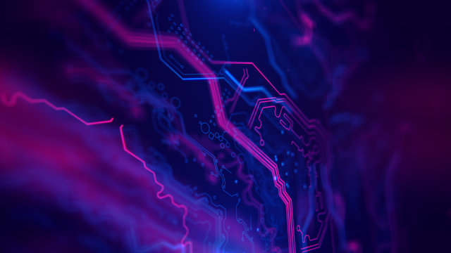 Purple, violet, blue neon background with digital integrated network technology. Printed circuit board. 3D illustration. Circuit board futuristic server code processing. PCB, Code, HTML.