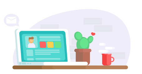 Social network banner. Workplace with a laptop, an open user window, cactus and coffee. Brick wall