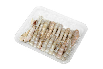 Head cut shrimps in plastic container isolated
