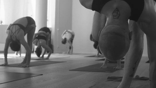 Group of people doing yoga asanas in studio