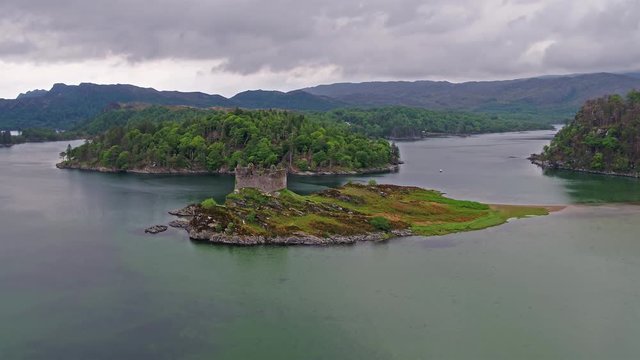 Aerial view of the old ruined Castle in the Highlands of Scotland
