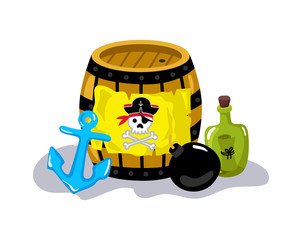 Pirate sign on wooden barrel icon. Children drawing of pirate concept vector illustration isolated on white background.