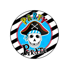 Pirate party sign with skull in cocked hat icon. Children drawing of pirate concept vector illustration isolated on white background.