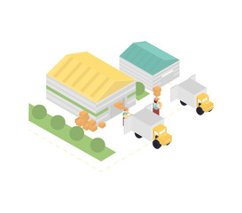 Isometric warehouse building with truck icon. Local shipping service vector illustration isolated on white background.
