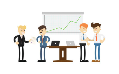 Business conference concept with smiling men icon. Business teamwork and project realization vector illustration in flat design.