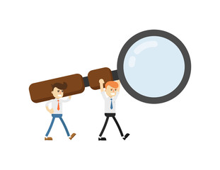 Businessmen with big magnifying glass isolated icon. Business project and realization vector illustration in flat design.
