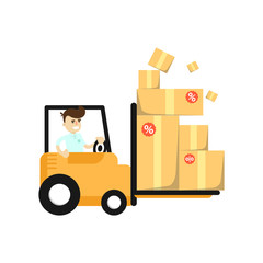 Smiling seller man in forklift truck icon. Shopping in supermarket, retail vector illustration in flat design.