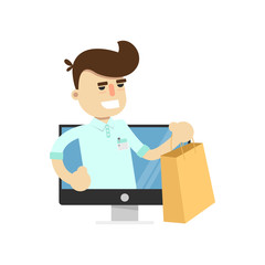 Smiling seller man in tv monitor icon. Shopping in supermarket, retail vector illustration in flat design.