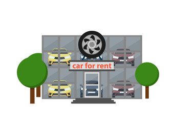 Rental business icon with car showroom isolated on white background vector illustration. Car for rent symbol, renting car service in flat design.