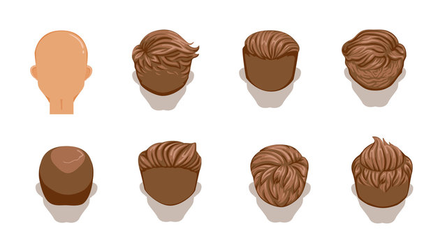 Hair man Set of men cartoon hairstyles. Brown Hair. Rear view. Collection of fashionable stylish types. Detailed and unique. Vector illustration 