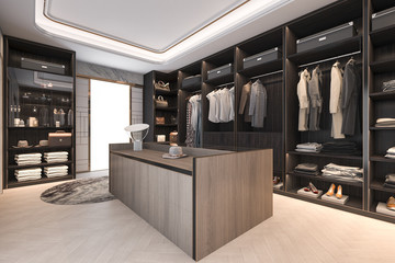 3d rendering minimal loft dark wood walk in closet with wardrobe