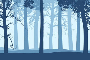 Obraz premium Vector illustration of blue tree trunks with branches in forest