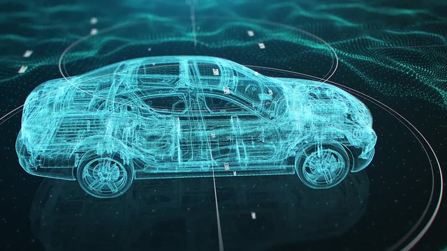 Holographic animation of 3D wireframe car model rotating in black virtual space