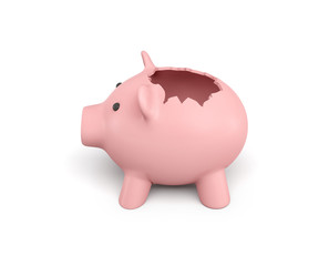 3d rendering of a pink ceramic piggy bank with a broken top on white background.