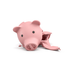 3d rendering of a pink ceramic piggy bank completely broken up into several large pieces.