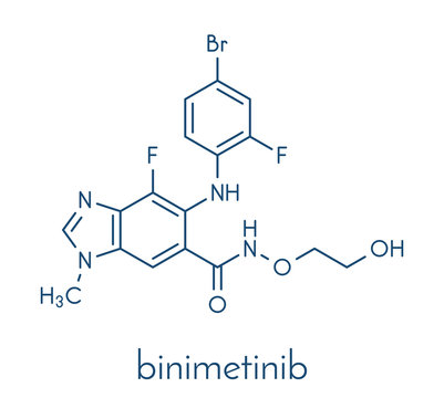 Binimetinib cancer drug molecule (MEK inhibitor). Skeletal formula.