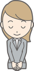 Illustration that a young woman in a suit bows with a smile