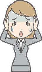 Illustration that a young woman in suit wears her head and is pale