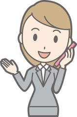 Illustration of a young woman wearing a suit talking on a smartphone