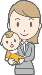 Illustration of a young woman wearing a suit holding a baby
