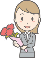 Illustration of a young woman wearing suit holding a bouquet