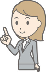 Illustration of a young woman wearing a suit pointing at her