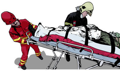 Rescuers and Saved Man on Stretcher - Colored Illustration, Vector
